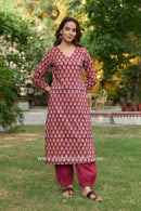 Arjahi Hand Block Printed Maroon Cotton kurta