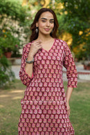 Arjahi Hand Block Printed Maroon Cotton kurta