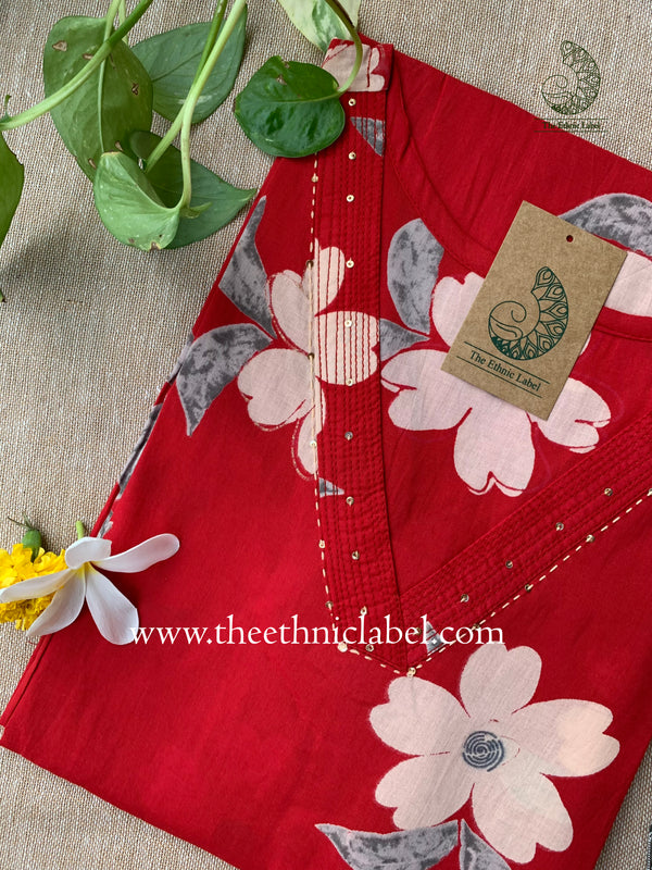 "Seema" Red Floral Cotton kurta