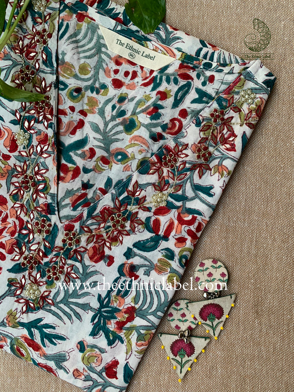 "Mona" Hand Embroidered Block Printed Cotton kurta S, M