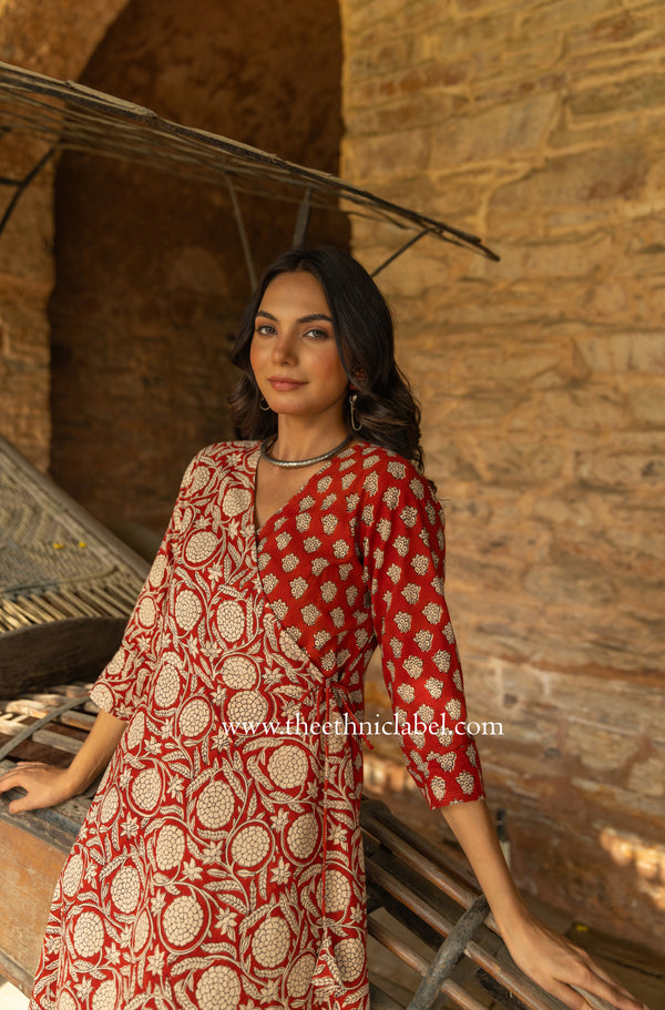 "Tahaa" Cotton Hand Block Printed Angrakha Dress