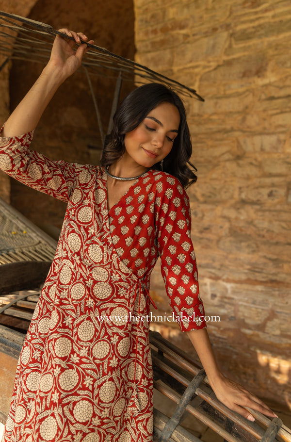 "Tahaa" Cotton Hand Block Printed Angrakha Dress
