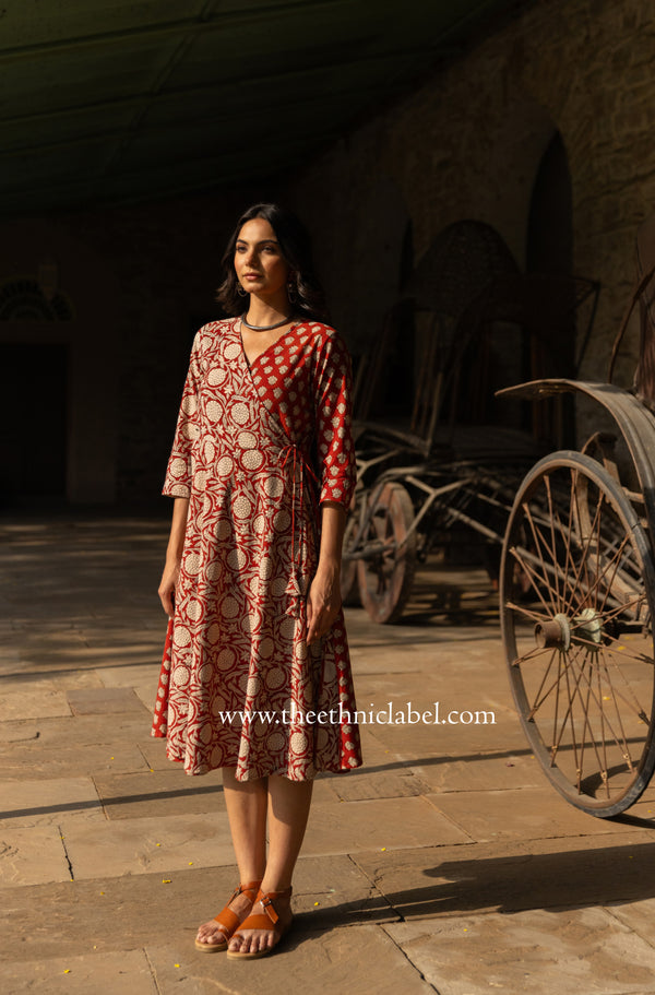 "Tahaa" Cotton Hand Block Printed Angrakha Dress