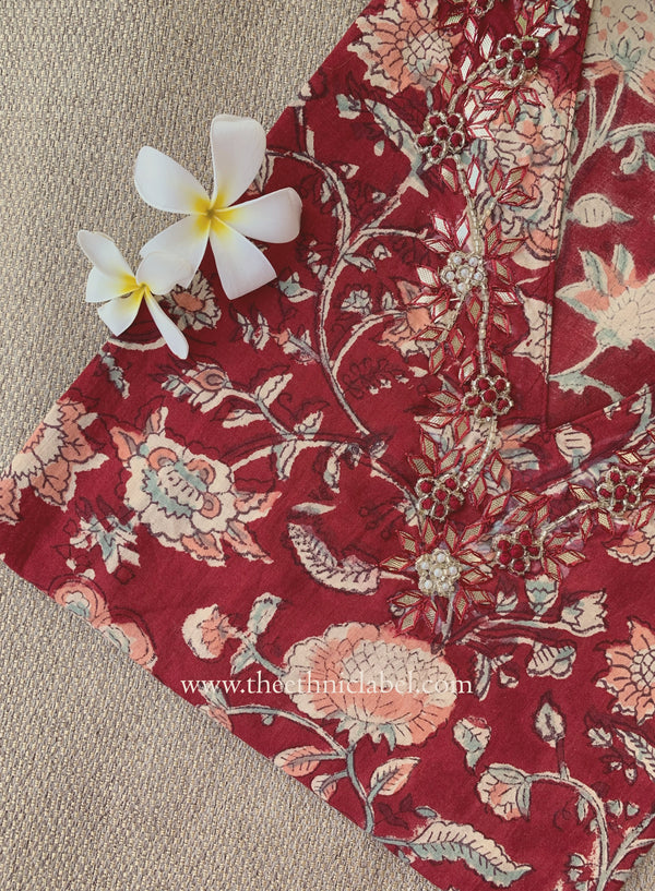 "Naqsh" Hand Embroidered Block Printed Red Cotton kurta