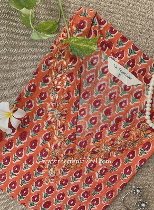 "Jhalak" Hand Embroidered Block Printed Orange Cotton kurta