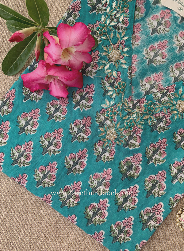 "Zevar" Hand Embroidered Block Printed Blue Cotton kurta