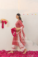 "Krutika" Red Cotton Kurta Set with Chiffon Dupatta(3pc)
