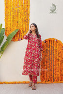 "Rachna" Hand Embroidered Block Printed Cotton kurta with pant- 2pc