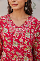 "Rachna" Hand Embroidered Block Printed Cotton kurta with pant- 2pc