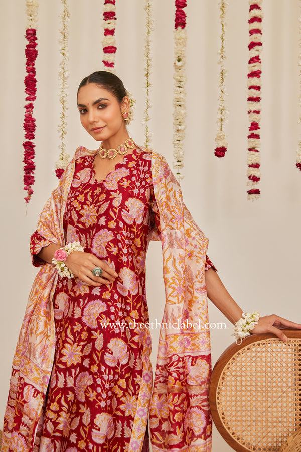 "Vedika" Red Scalloped Hand Block Printed Chanderi Suit Set (3pc)