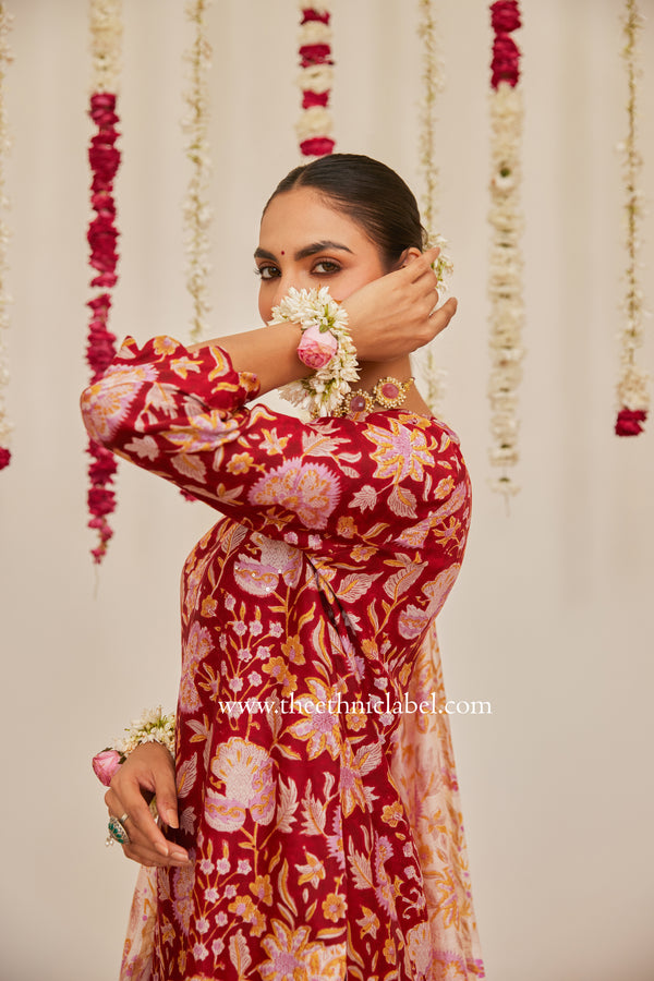 "Vedika" Red Scalloped Hand Block Printed Chanderi Suit Set (3pc)