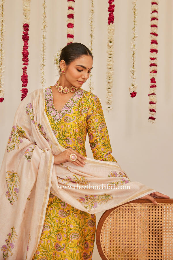 "Meera" Yellow Hand Block Printed Chanderi Suit Set (3pc)