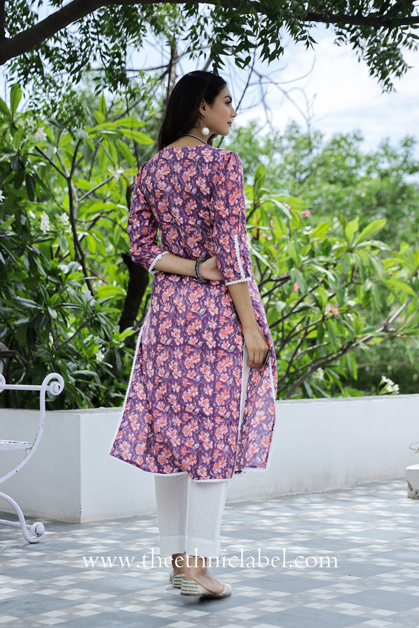 "Aina" Purple Laced Cotton Kurta