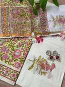 Yellow-Pink Floral Unstitched Suit Set with Doria Dupatta