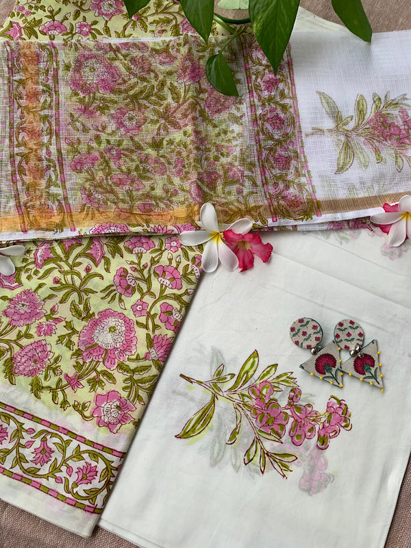 Yellow-Pink Floral Unstitched Suit Set with Doria Dupatta
