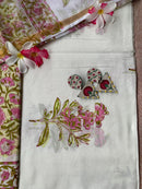 Yellow-Pink Floral Unstitched Suit Set with Doria Dupatta