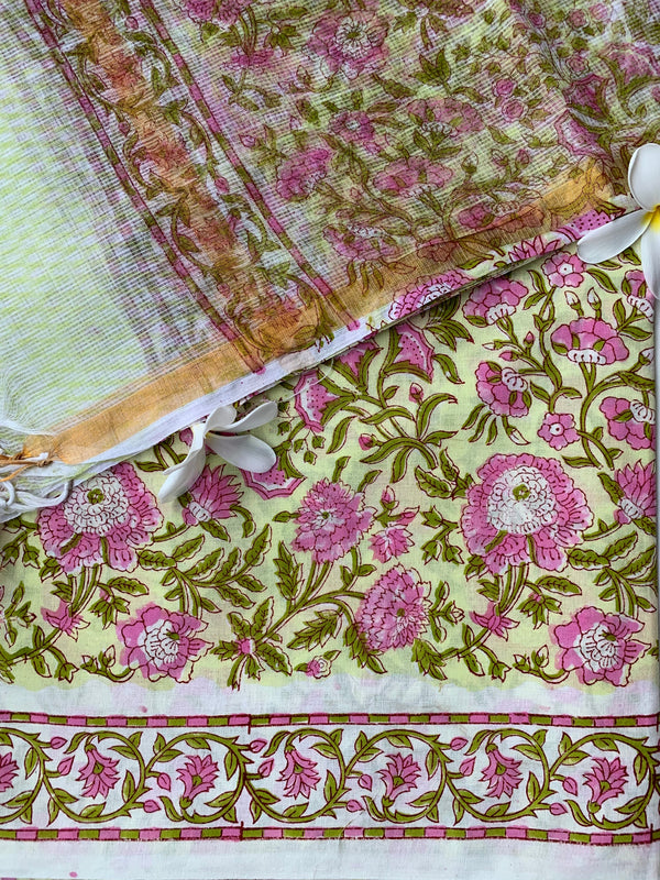 Yellow-Pink Floral Unstitched Suit Set with Doria Dupatta