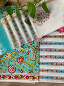Blue Floral Unstitched Suit Set with Doria Dupatta