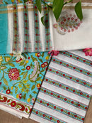 Blue Floral Unstitched Suit Set with Doria Dupatta