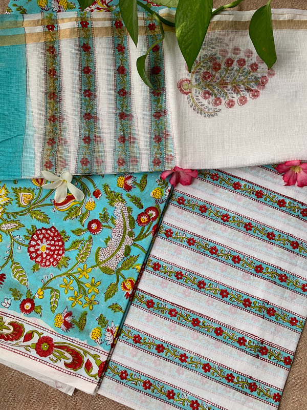 Blue Floral Unstitched Suit Set with Doria Dupatta