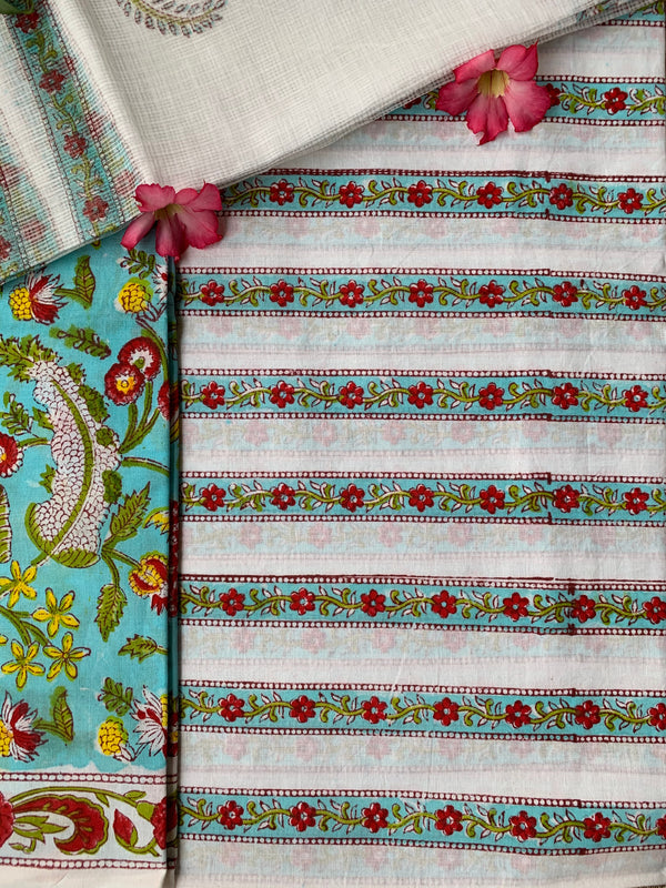 Blue Floral Unstitched Suit Set with Doria Dupatta