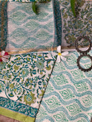 Sea green-White Jaal Floral Unstitched Suit Set with Doria Dupatta