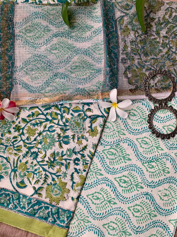 Sea green-White Jaal Floral Unstitched Suit Set with Doria Dupatta