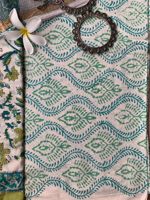 Sea green-White Jaal Floral Unstitched Suit Set with Doria Dupatta