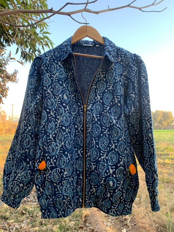 Indigo Boota pattern Bomber Jacket