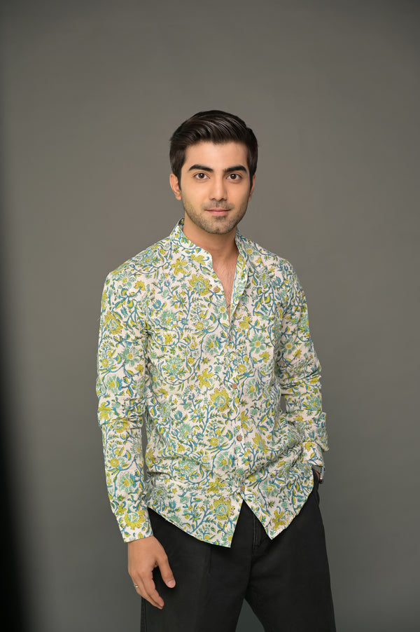 White green madarin collared floral shirt