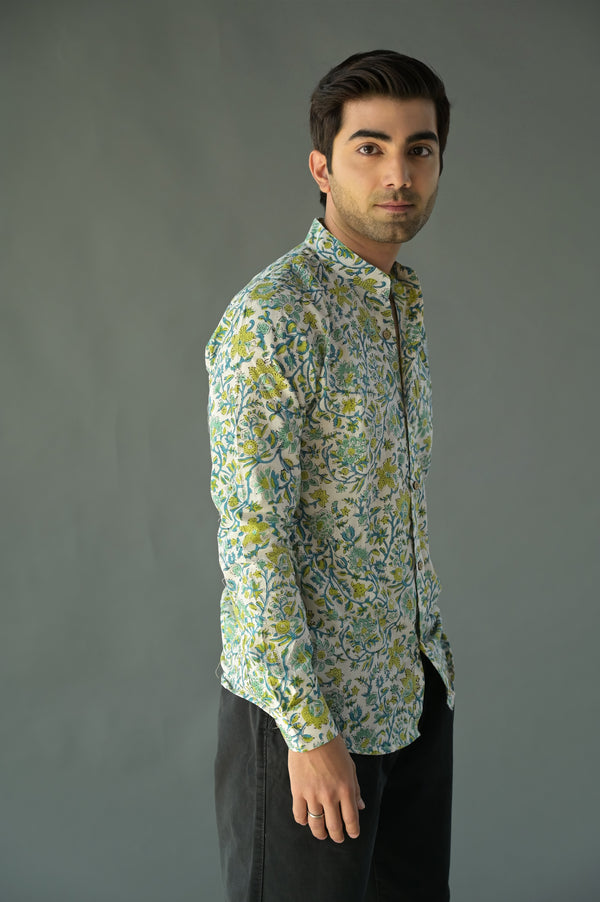 White green madarin collared floral shirt