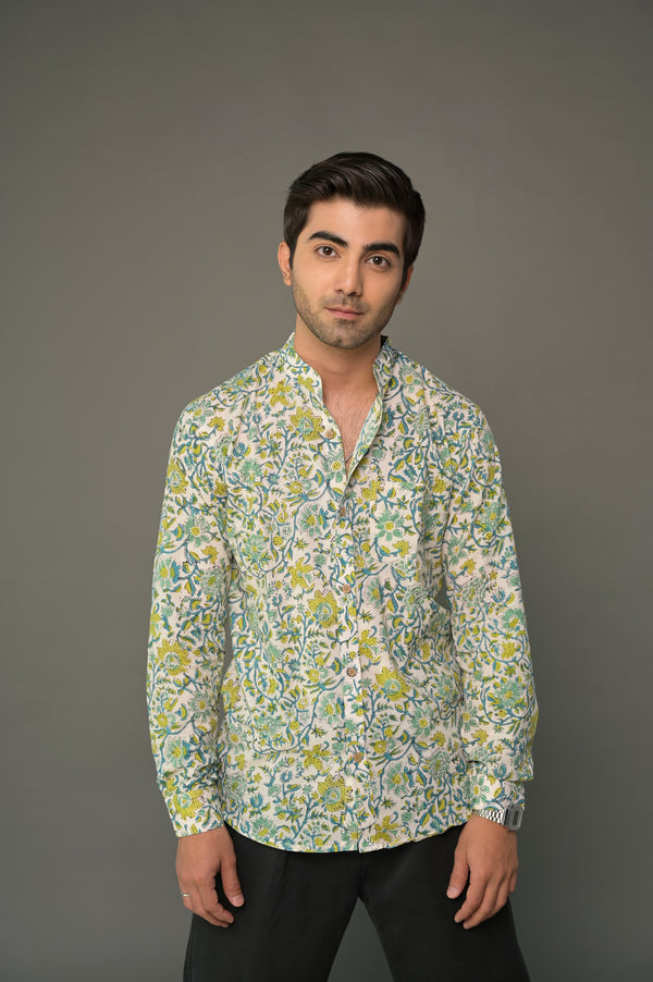 White green madarin collared floral shirt