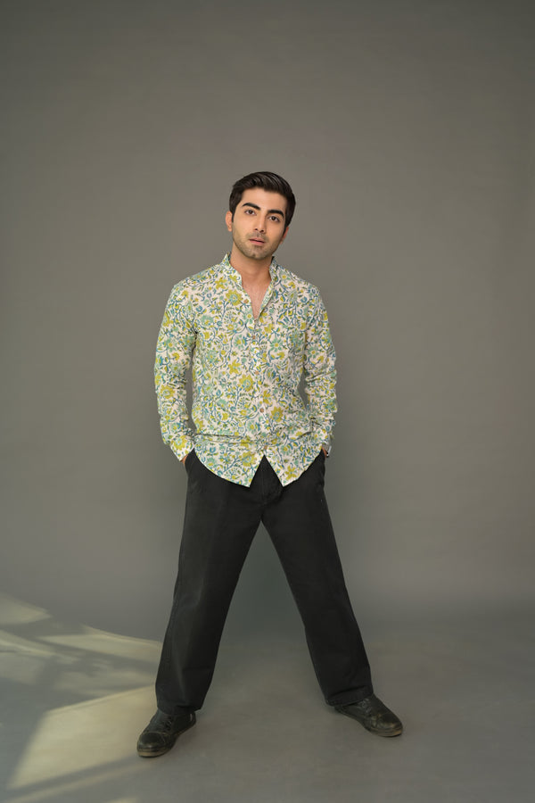 White green madarin collared floral shirt