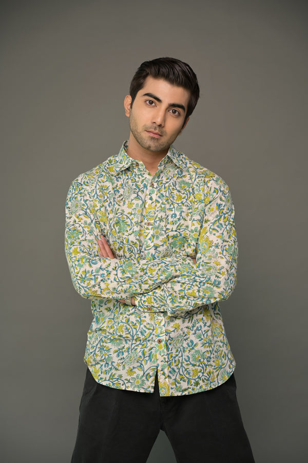 White Green Jaal Floral Shirt
