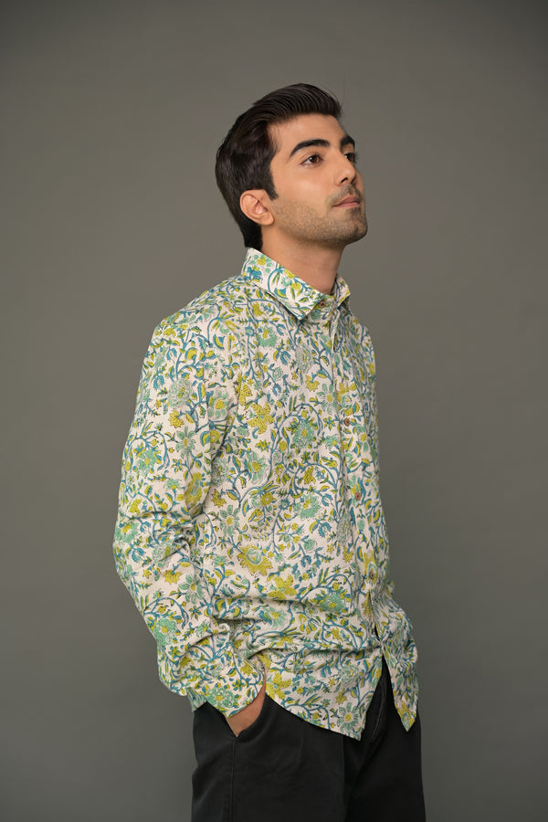 White Green Jaal Floral Shirt