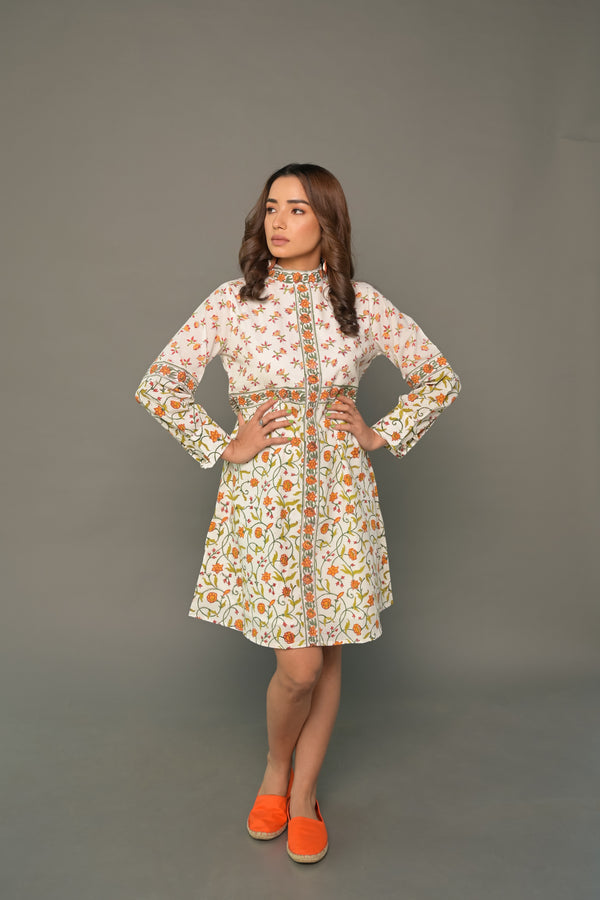 Orange 'Ornamental' Hand Block Printed Cotton Short Dress