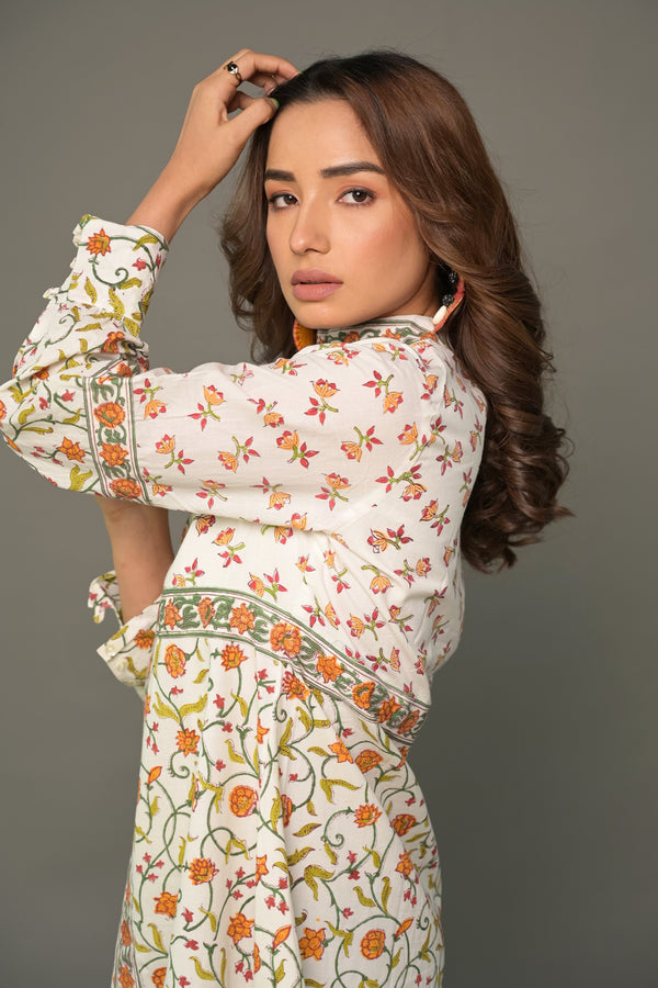 Orange 'Ornamental' Hand Block Printed Cotton Short Dress