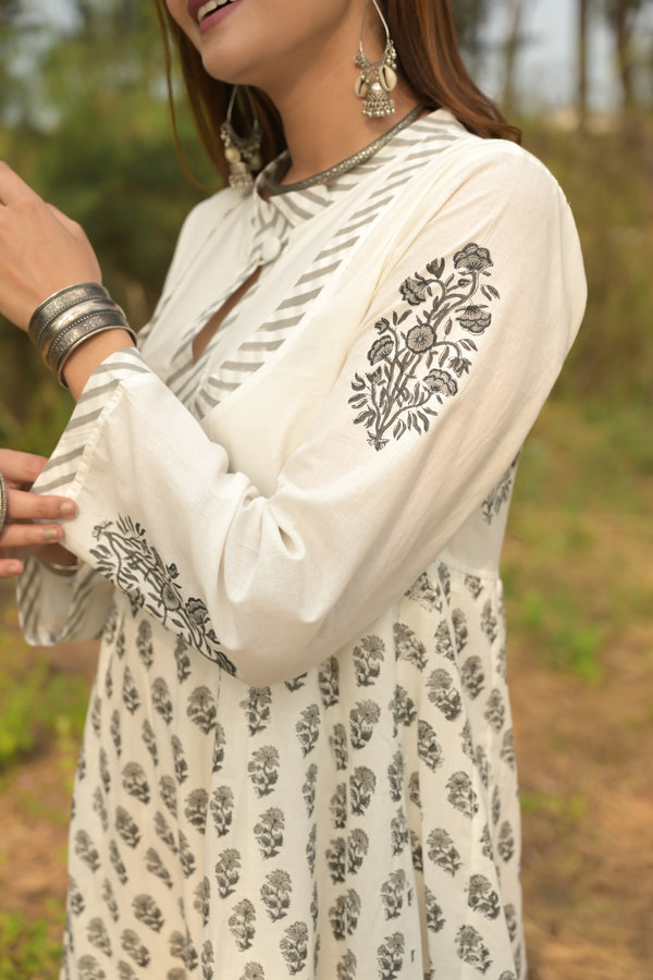 White 'Wonder' Hand Block Printed Cotton Dress - XL