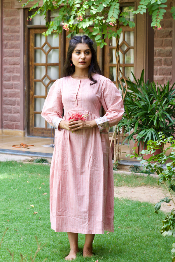 Pink 'Panache' Hand Block Printed Cotton Striped Dress