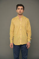 Green striped mandarin collared shirt
