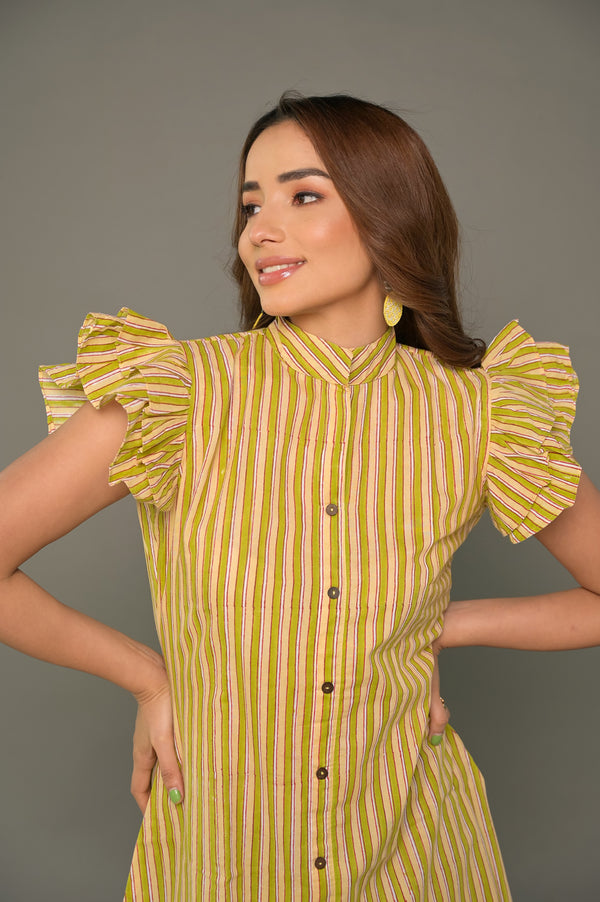 "Forest" Green Striped Cotton Dress & Shirt Combo