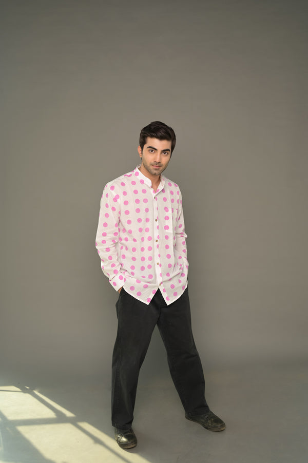 Pink Polka Dot Mandarin Collared Cotton Shirt
