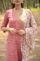 Pink & White 'Wishful' Cotton Kurta Set with Dupatta