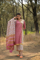Pink & White 'Wishful' Cotton Kurta Set with Dupatta