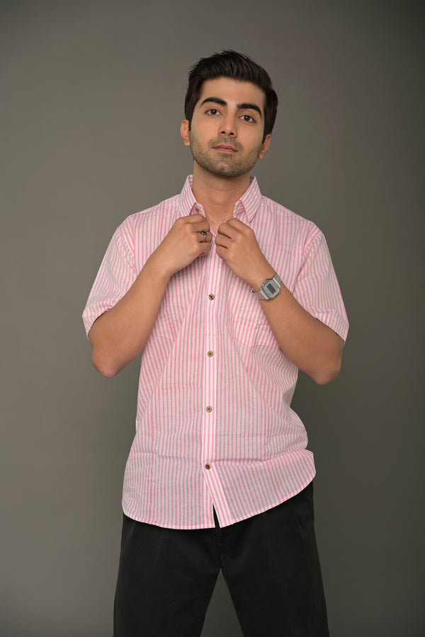 Pink striped collared half shirt