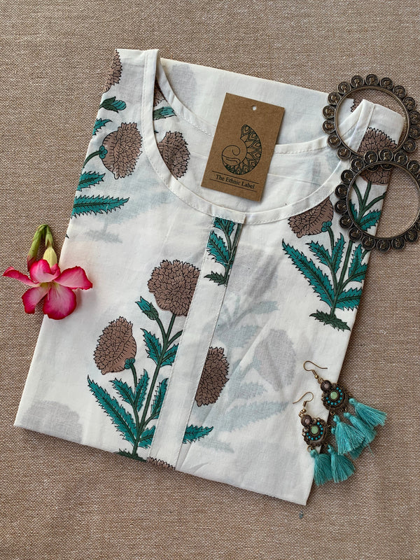 White Mughal Sea Green Boota Hand Block Printed Cotton Kurta- XL