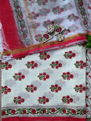 White-Red Boota Unstitched Suit Set with Doria Dupatta