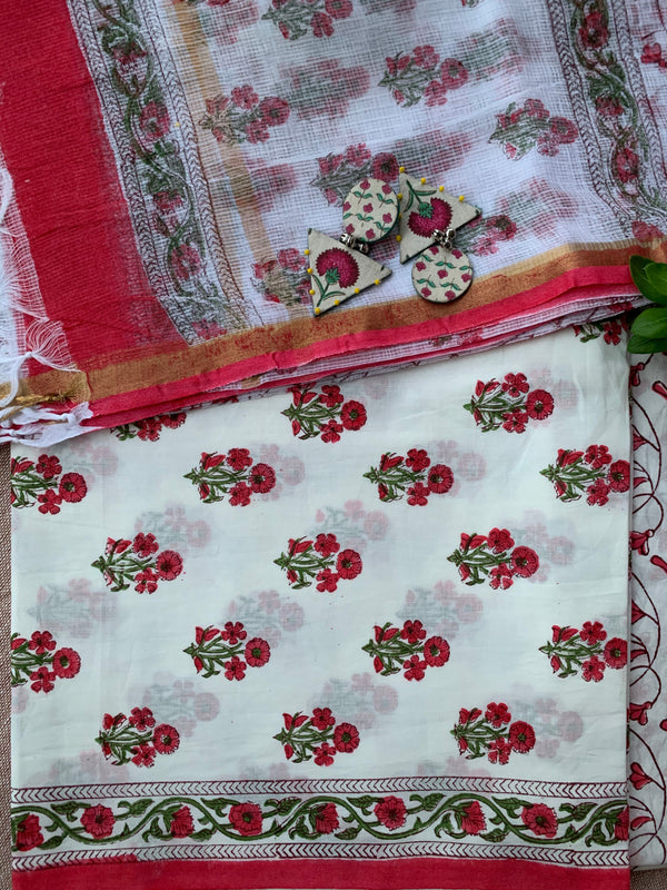 White-Red Boota Unstitched Suit Set with Doria Dupatta