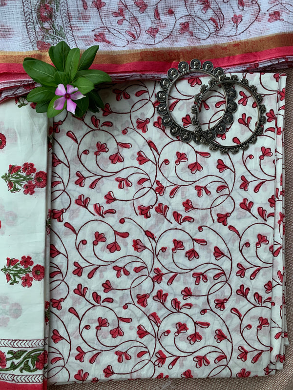 White-Red Boota Unstitched Suit Set with Doria Dupatta