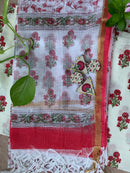 White-Red Boota Unstitched Suit Set with Doria Dupatta